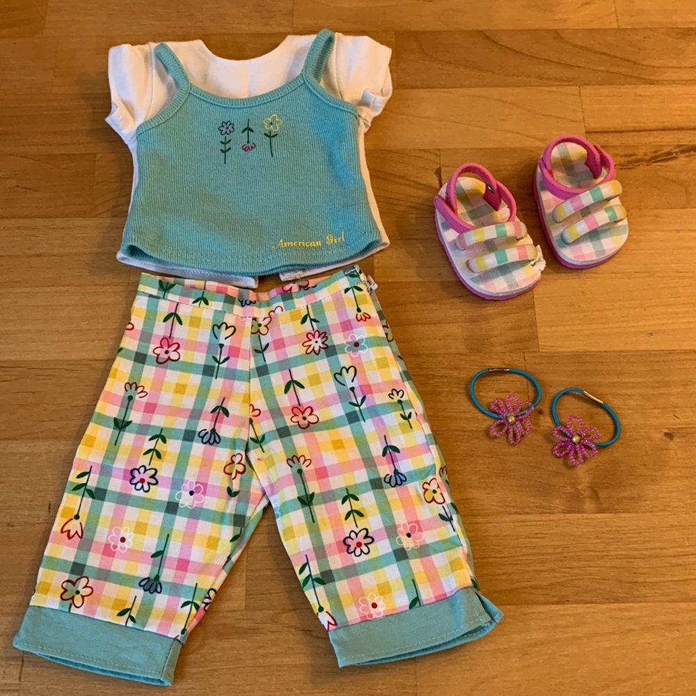 American Girl Turquoise Floral Plaid Outfit with Pink Accents